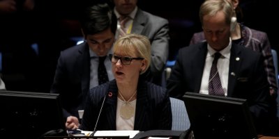 Sweden's foreign minister Margot Wallström speaking in the UN.