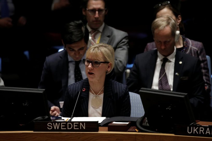 Sweden's foreign minister Margot Wallström speaking in the UN.