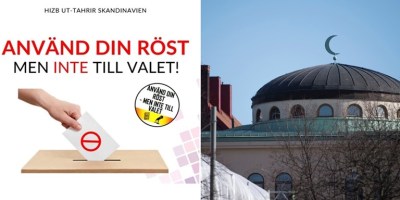 Left: Screenshot of Hizb ut-Tahrir's campaign material. Right: The Stockholm Mosque